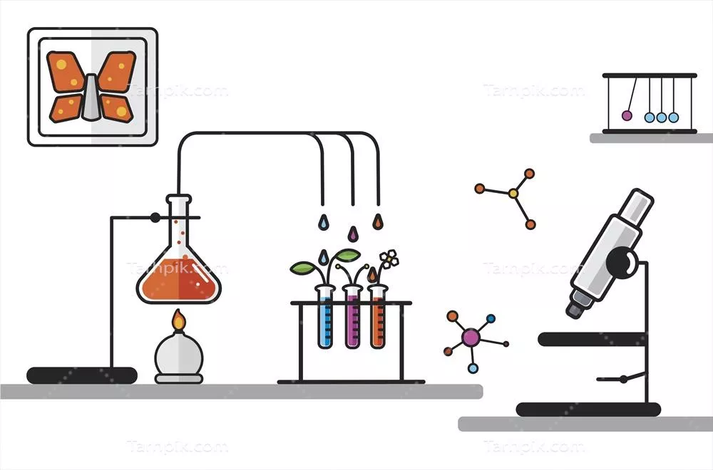 مجموعه وکتوری از تجهیزات آزمایشگاه شیمی با طراحی زیبا و جزئیات دقیق