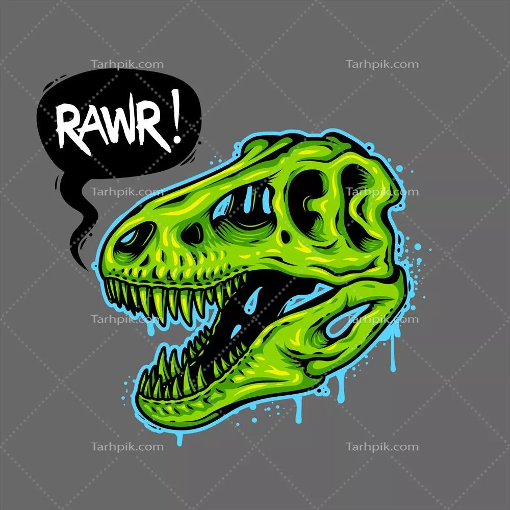 وکتور طرح تی شرت با تصویر جمجمه دایناسور و حباب متن، تی رکس