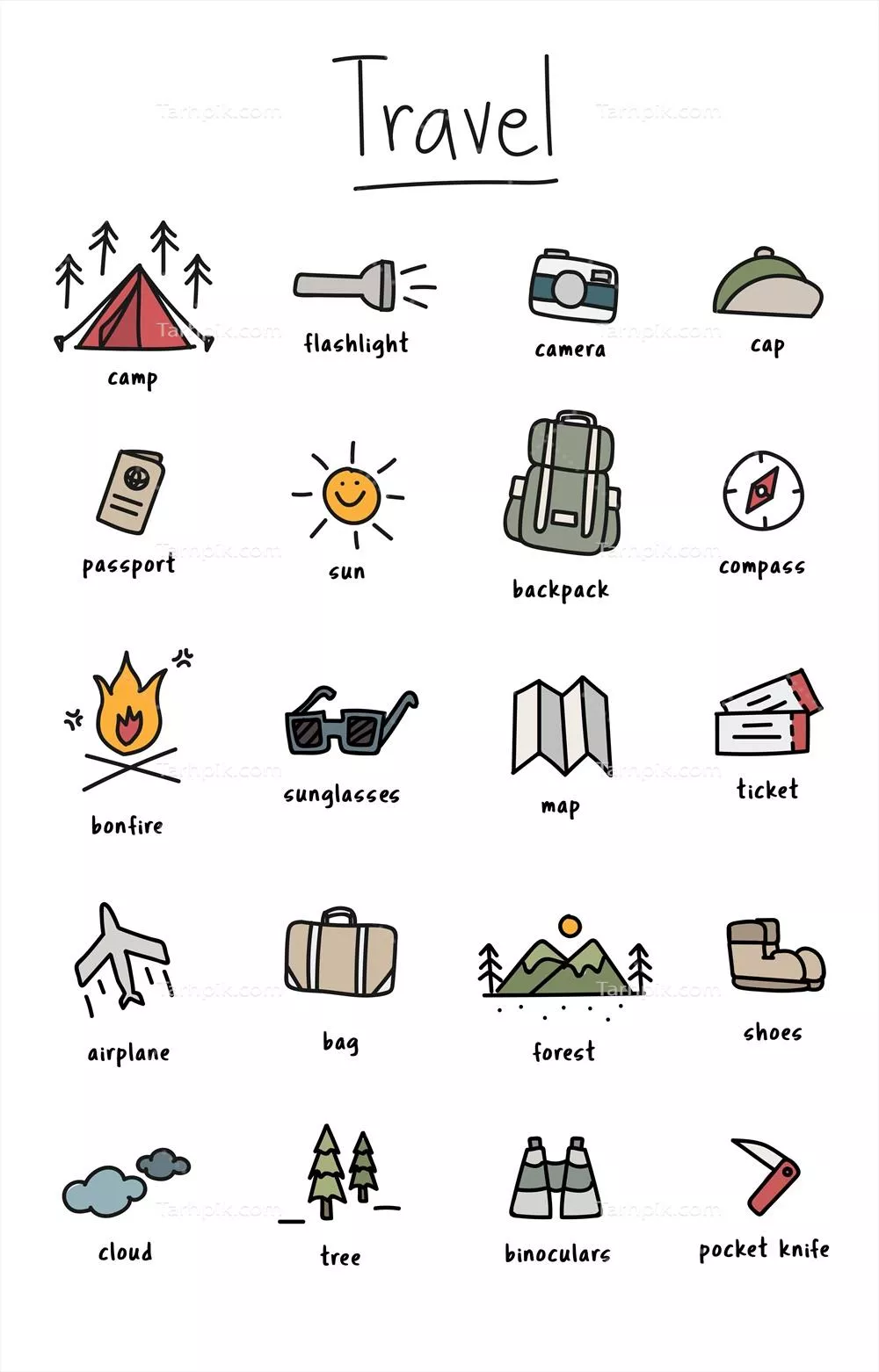 مجموعه آیکون های وکتور برای کمپینگ به صورت طرح های هنری و طراحی شده