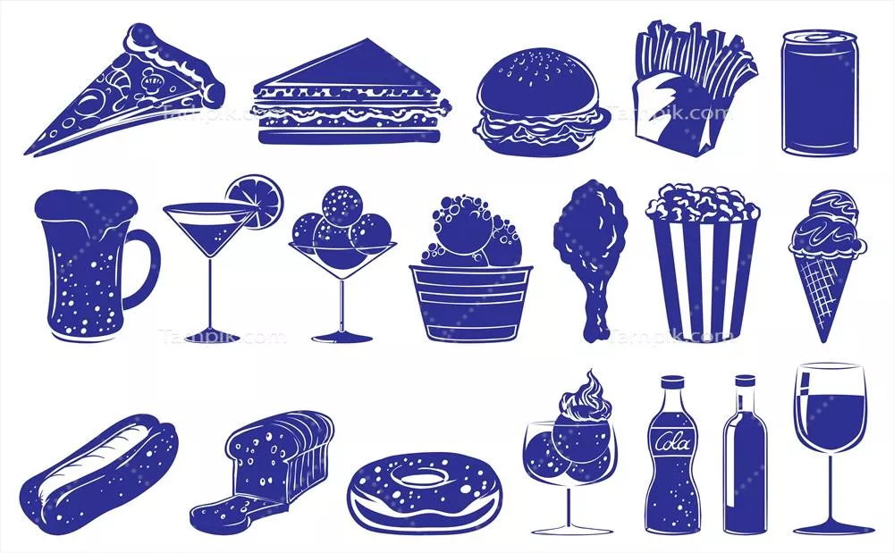 وکتور تصویر طراحی دودی از انواع غذاها و نوشیدنیها بر روی پسزمینه سفید