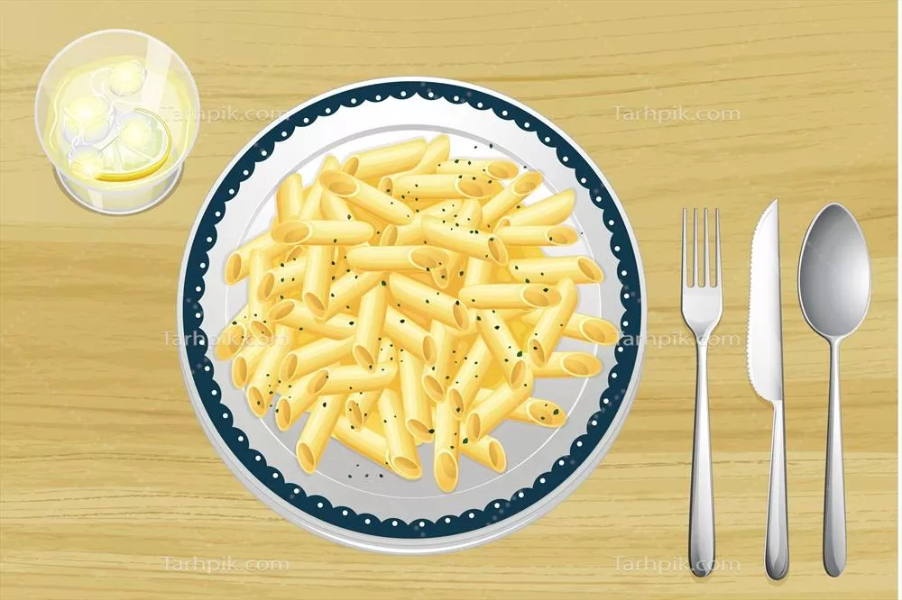 وکتور تصویری از پاستا در بشقاب بر روی میز چوبی