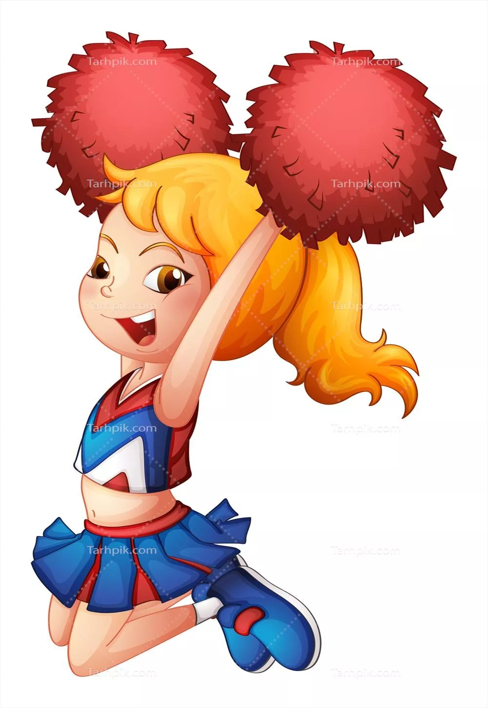 وکتور تصویر یک دختربچه تشویق‌کننده بسیار بانمک با پوم‌پوم‌های قرمز در پس‌زمینه سفید