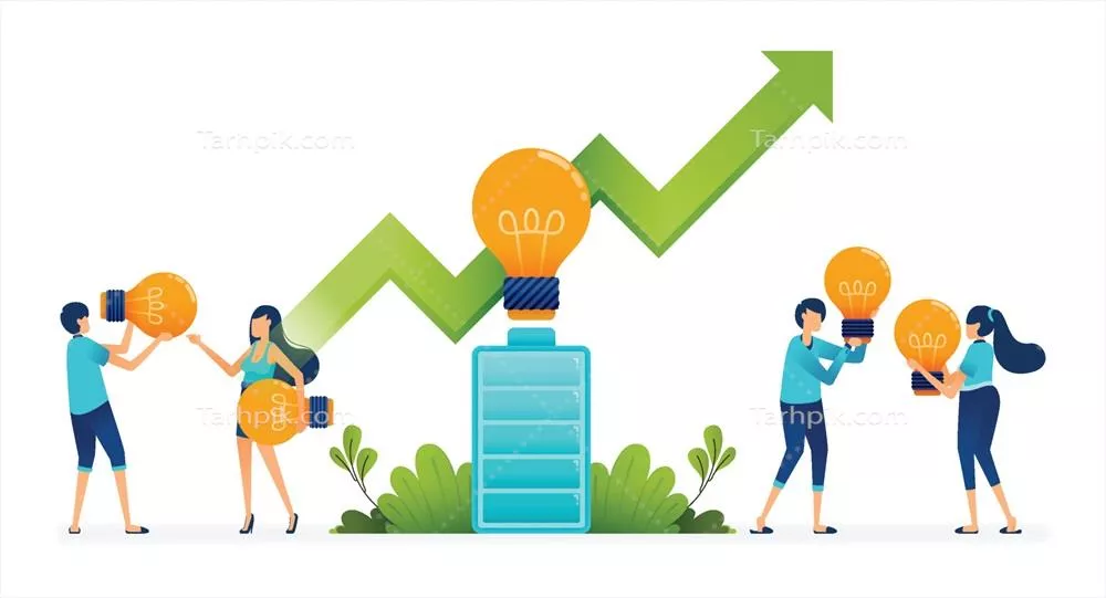 وکتور تصویرسازی افرادی که در حال بحث در مورد مفهوم سبز با لامپهای روشن هستند