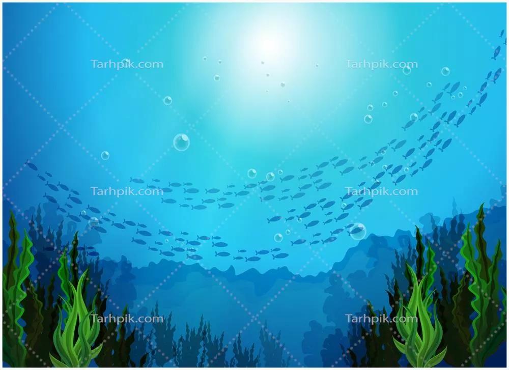 وکتور تصویر زیبای مدرسه ماهیها در زیر دریا و زندگی دریایی رنگارنگ
