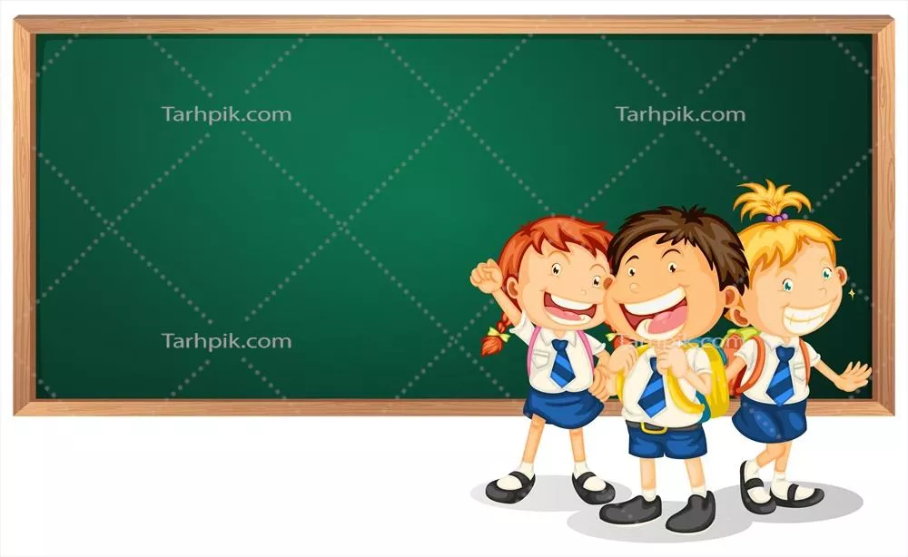 وکتور تصویری از سه کودک در یونیفرم و تخته سیاه در کلاس درس
