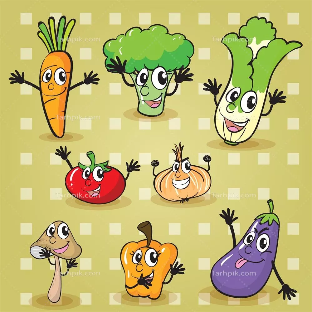 وکتور تصویرسازی انواع سبزیجات بر روی پسزمینه زرد رنگ