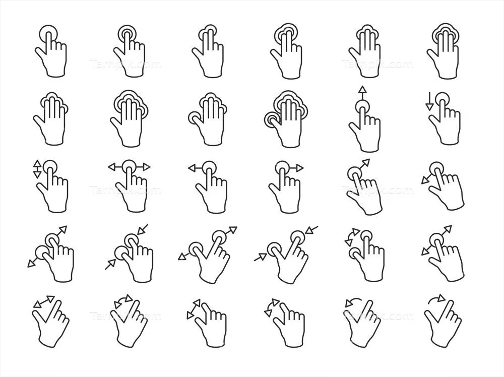 وکتور تصاویر خطی نازک از حرکات دست بر روی صفحه لمسی با دقت و جزئیات