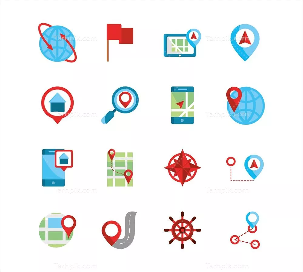 وکتور تصاویر نقشه‌ها و آیکون‌های مکان‌های GPS به سبک فلت بر روی پس‌زمینه سفید