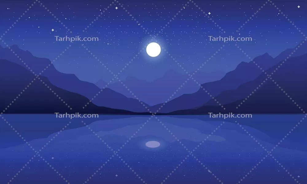 وکتور چشمانداز کوهستانی شگفتانگیز در شب با دریاچهای از آب آبی