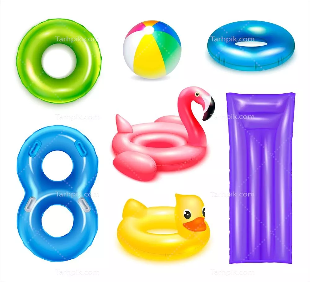 وکتور ست حلقه های شنا لاستیکی بادی با تصاویر واقعی در اشکال دایره ای برای کودکان