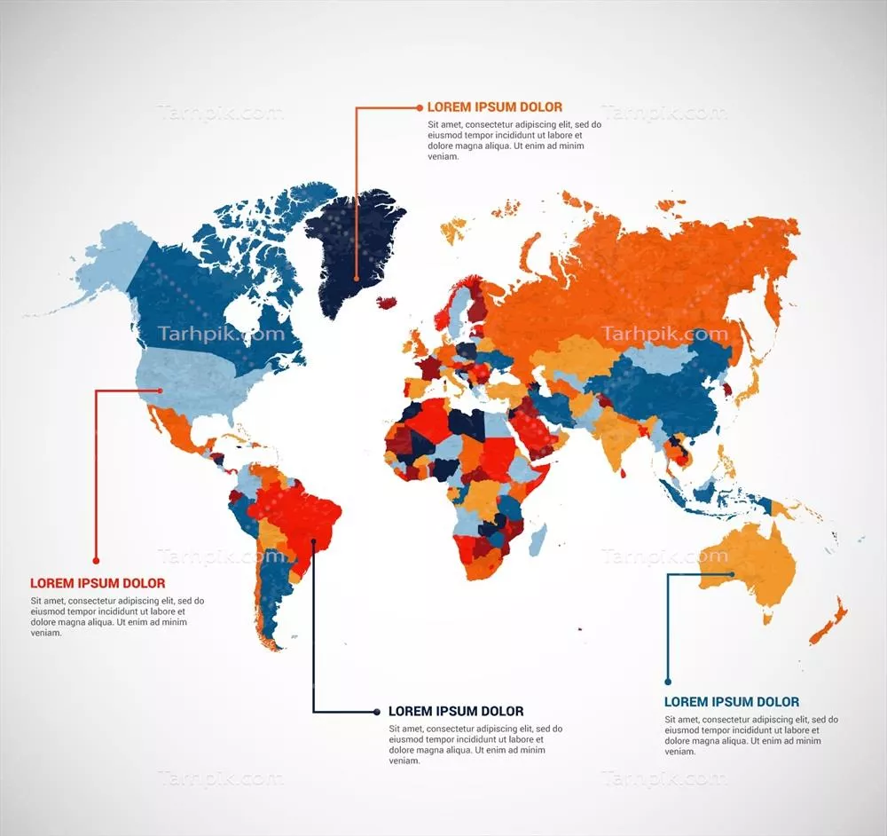 اینفوگرافیک با نقشه رنگی جهان - طراحی و الگوهای وکتور