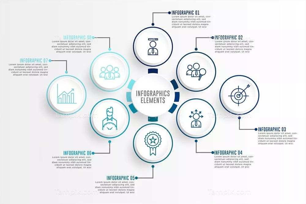 وکتور طراحی الگوی عناصری برای اینفوگرافیک با اشکال دایرهای آبی و حاشیههای گرد