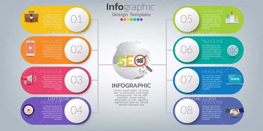 وکتور مفاهیم اینفوگرافیک برای سئو با نمادها و مراحل ایجاد محتوای بهینه