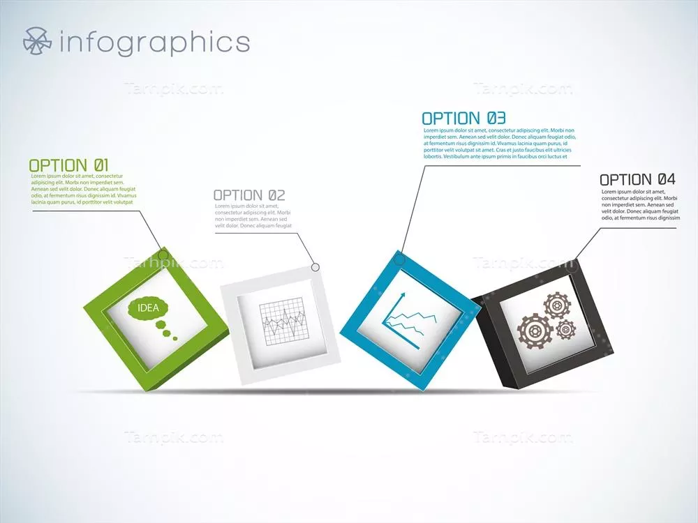 اینفوگرافیک با آیکون های مکعب ردیفی و نمودار و چرخ دنده وکتور