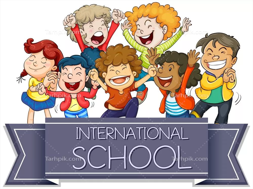 وکتور تابلوی مدرسه بین المللی با تصویر کودکان شاد و شاداب