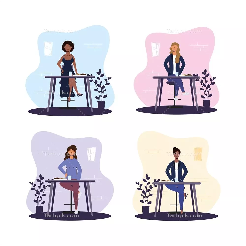 وکتور زنان بین نژادی در رستوران، رعایت فاصله اجتماعی و روشهای پیشگیری از کووید ۱۹