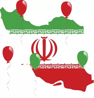 وکتور نقشه ایران با پرچم و بادکنک‌های رنگی زیبای جشنواره‌ها