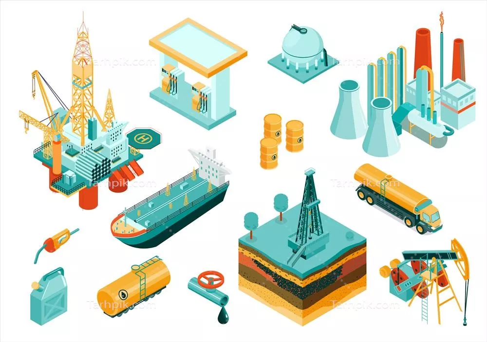 وکتور مجموعه آیکون ایزوله و ایزومتریک صنعت نفت با عناصر و تجهیزات مختلف