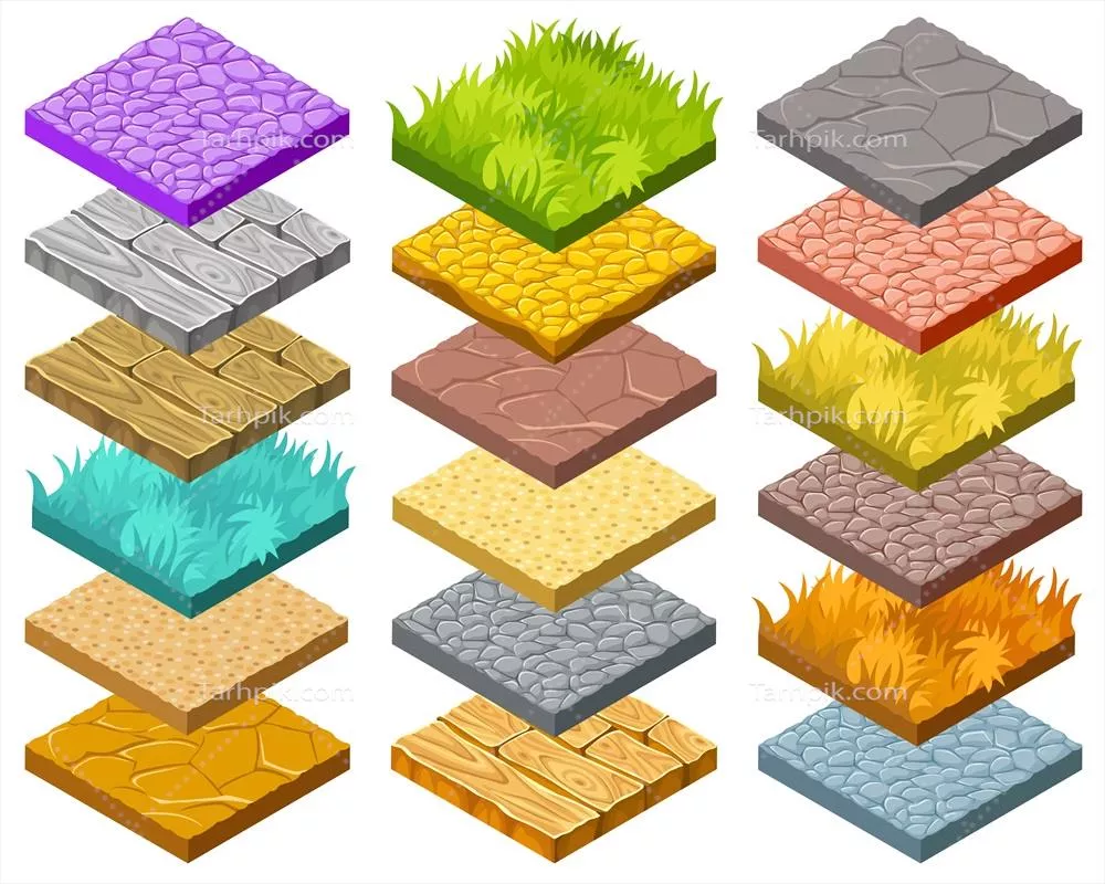 وکتور بازی کامپیوتری با کاشیهای ایزوله و ایزومتریک برای طراحی گرافیکی