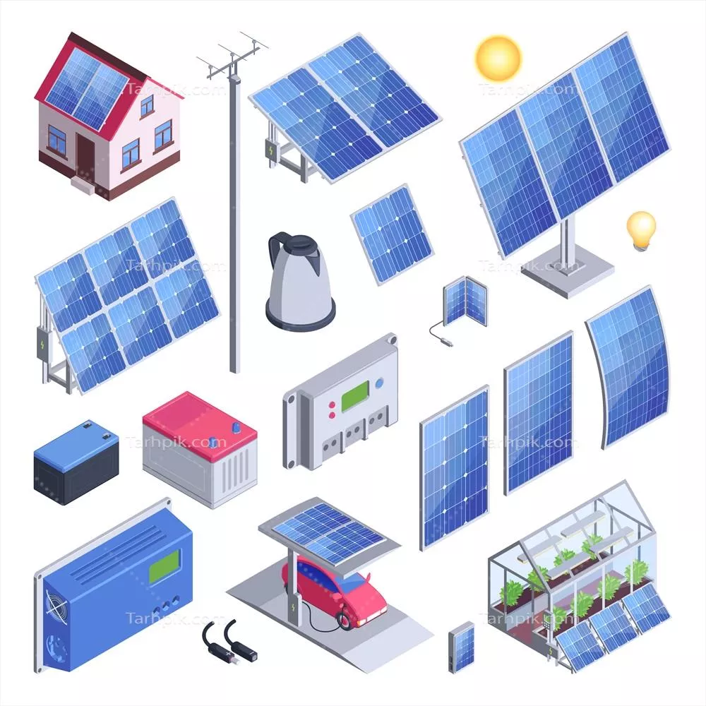 مجموعه رنگ‌های وکتوری انرژی خورشیدی در نمای ایزومتریک