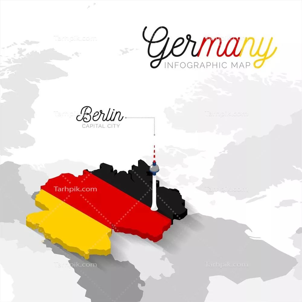 وکتور اینفورماتیک نقشه ایزومتریک آلمان با طراحی گرافیکی جذاب
