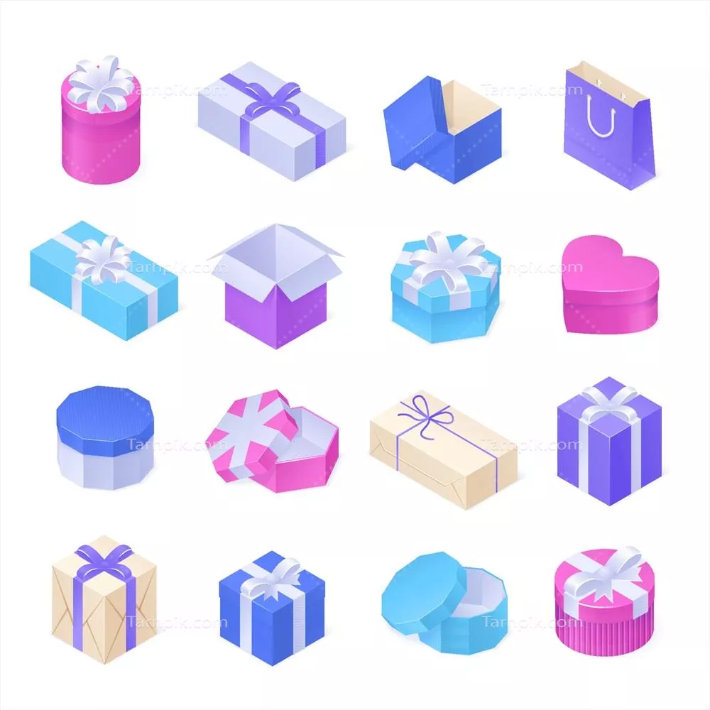 وکتور جعبههای هدیه ایزومتریک با روبان نقرهای و گره زیبا
