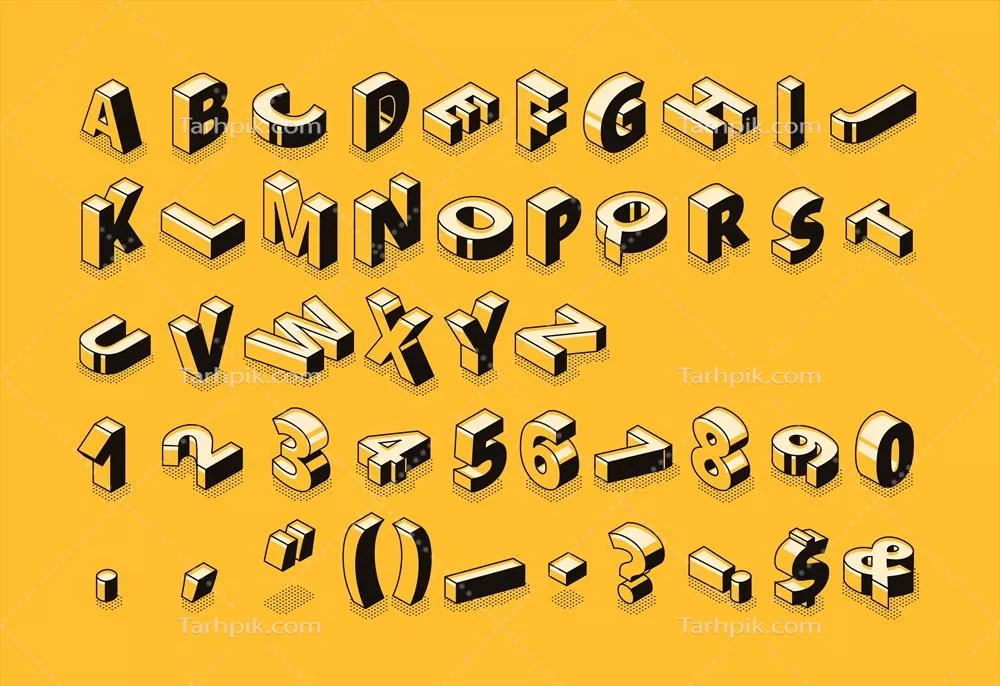 تصویرسازی حروف ایزومتریک با خط نیمه‌تن و سبک کارتونی و وکتور