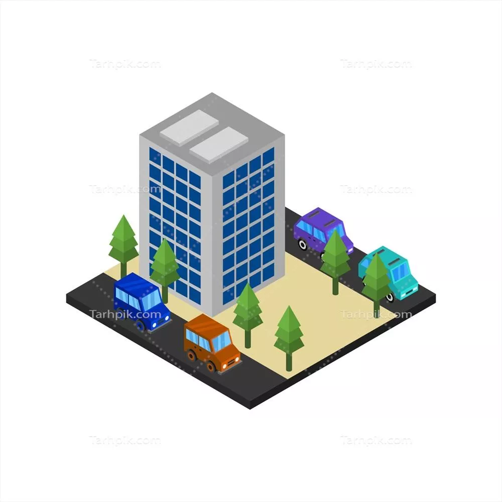 وکتور طرح ایزومتریک ساختمان اداری روی پسزمینه جذاب و مدرن