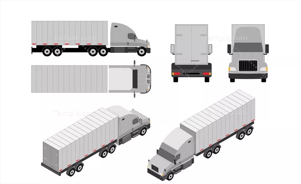 مجموعه وکتور از زوایای ایزومتریک کامیون ها با جزئیات دقیق