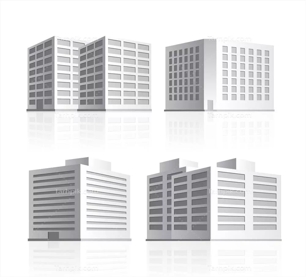تصویر وکتوری از ساختمانهای اداری مدرن با نمای ایزومتریک