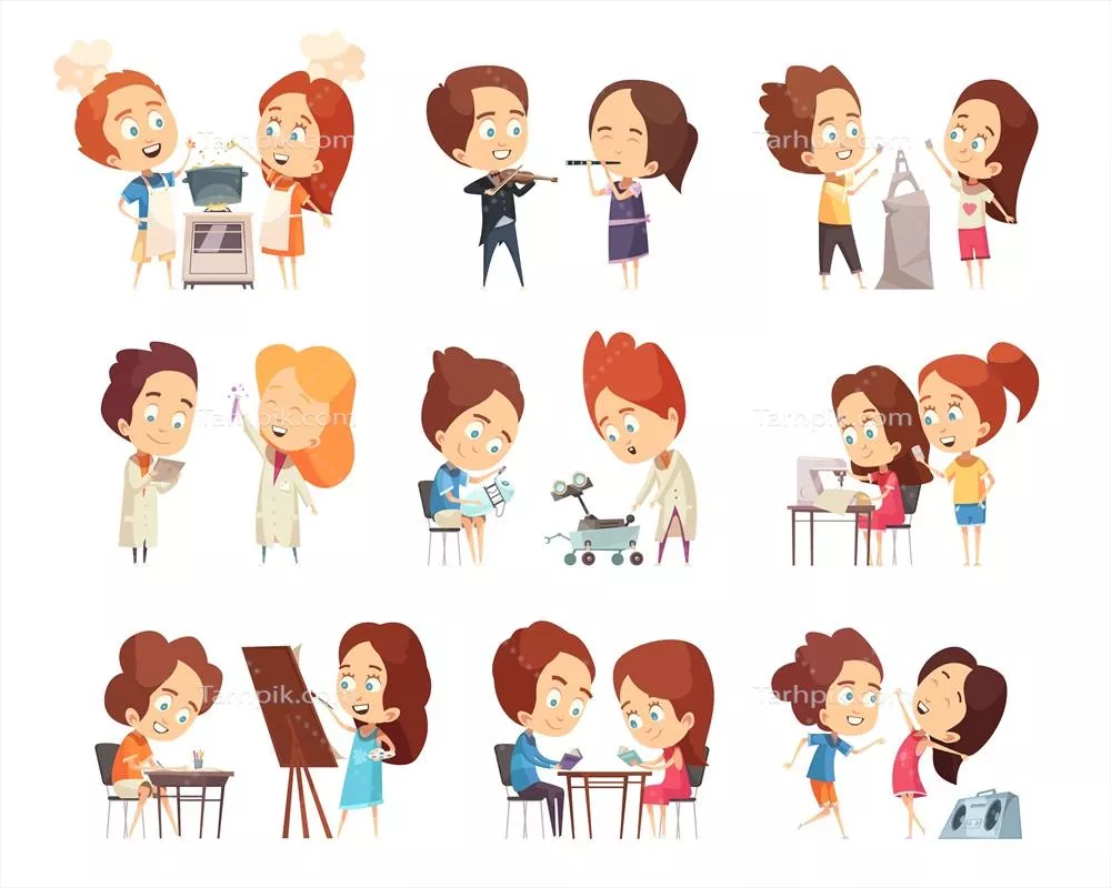 کلاس‌های کودکان با مجموعه‌ای از طراحی‌های تزئینی و وکتوری