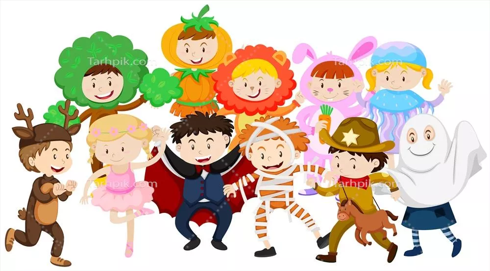 وکتور تصویری از بچهها که در حال پوشیدن هزینههای مختلف هستند و شگفتی کودکی را به نمایش میگذارند