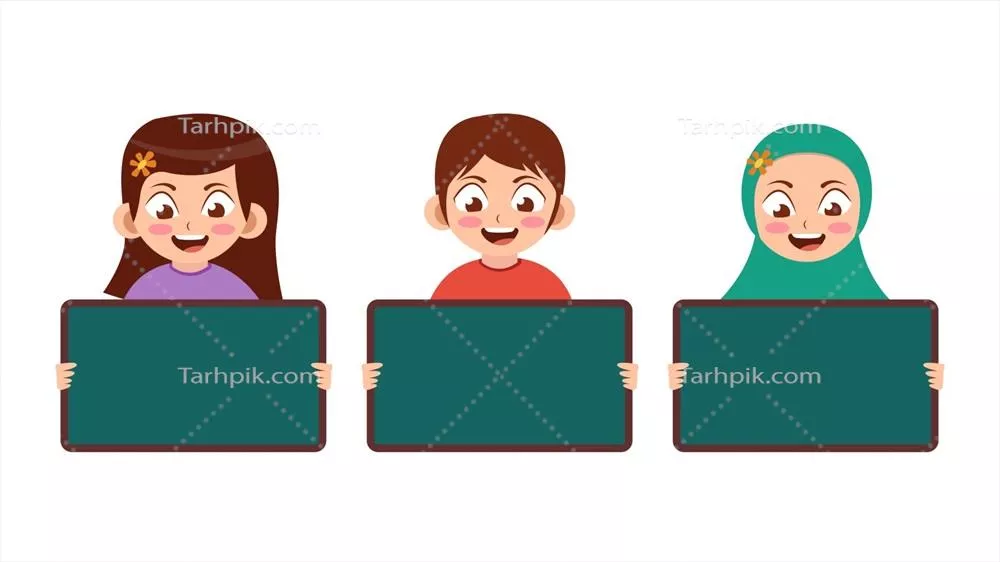 وکتور تصویر کارتونی از کودکان با تخته یا بنر در دست در حال جشن و شادی