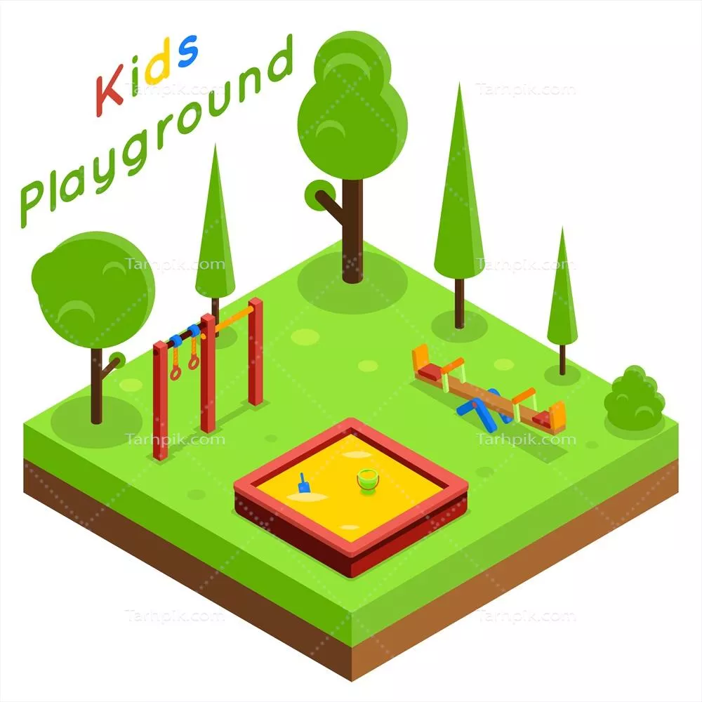 وکتور تصویر ایزومتریک پارک بازی کودکانه با درختان و مناظر زیبای طبیعی