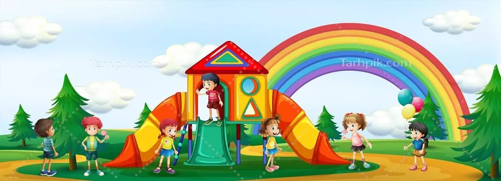 وکتور تصویر کودکان در حال بازی در پارک کودکانه با تجهیزات تفریحی