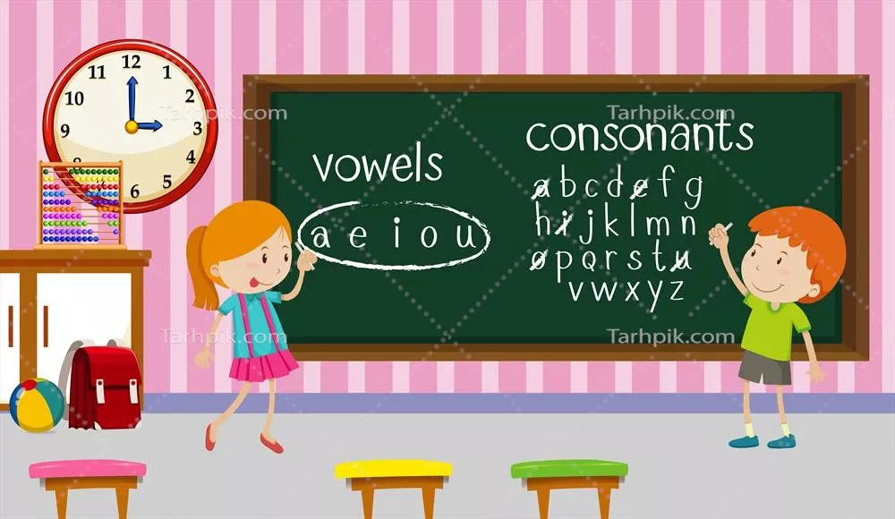 وکتور تصویری از کودکان در حال یادگیری زبان انگلیسی در کلاس درس