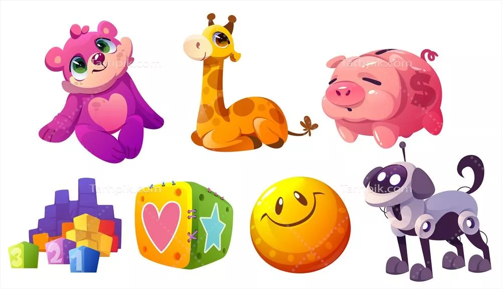 وکتور اسباب بازیهای کودکانه: عروسکهای پارچهای، بلوکها و بانک پسانداز جالب