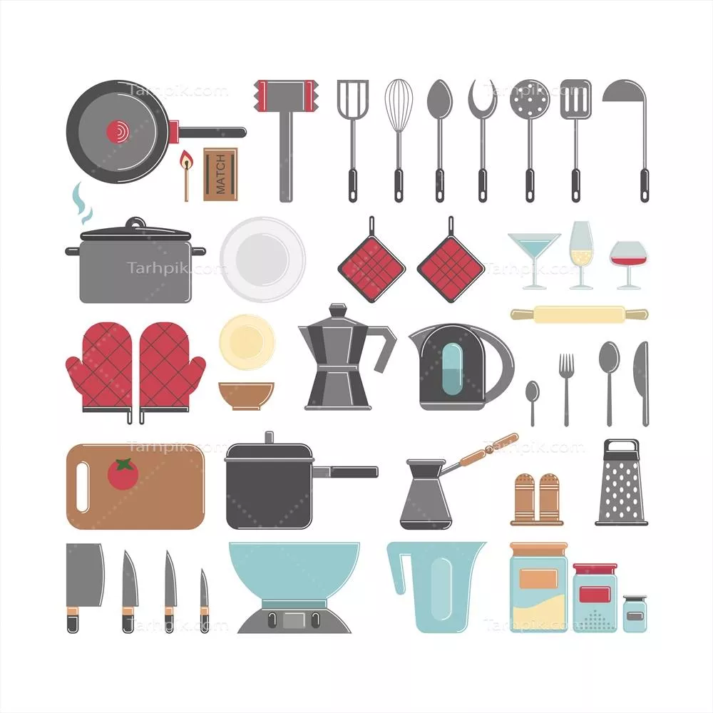 وکتور ابزار و تجهیزات آشپزخانه شامل چاقو، ظرف، دستکش و لوازم دیگر در پسزمینه سفید