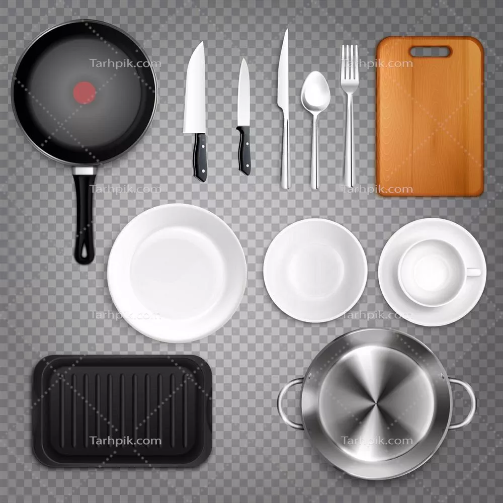 وکتور مجموعه واقعی ابزار آشپزخانه از نمای بالا با قاشق و چنگال، چاقو، بشقاب و تابه سرخ کردنی