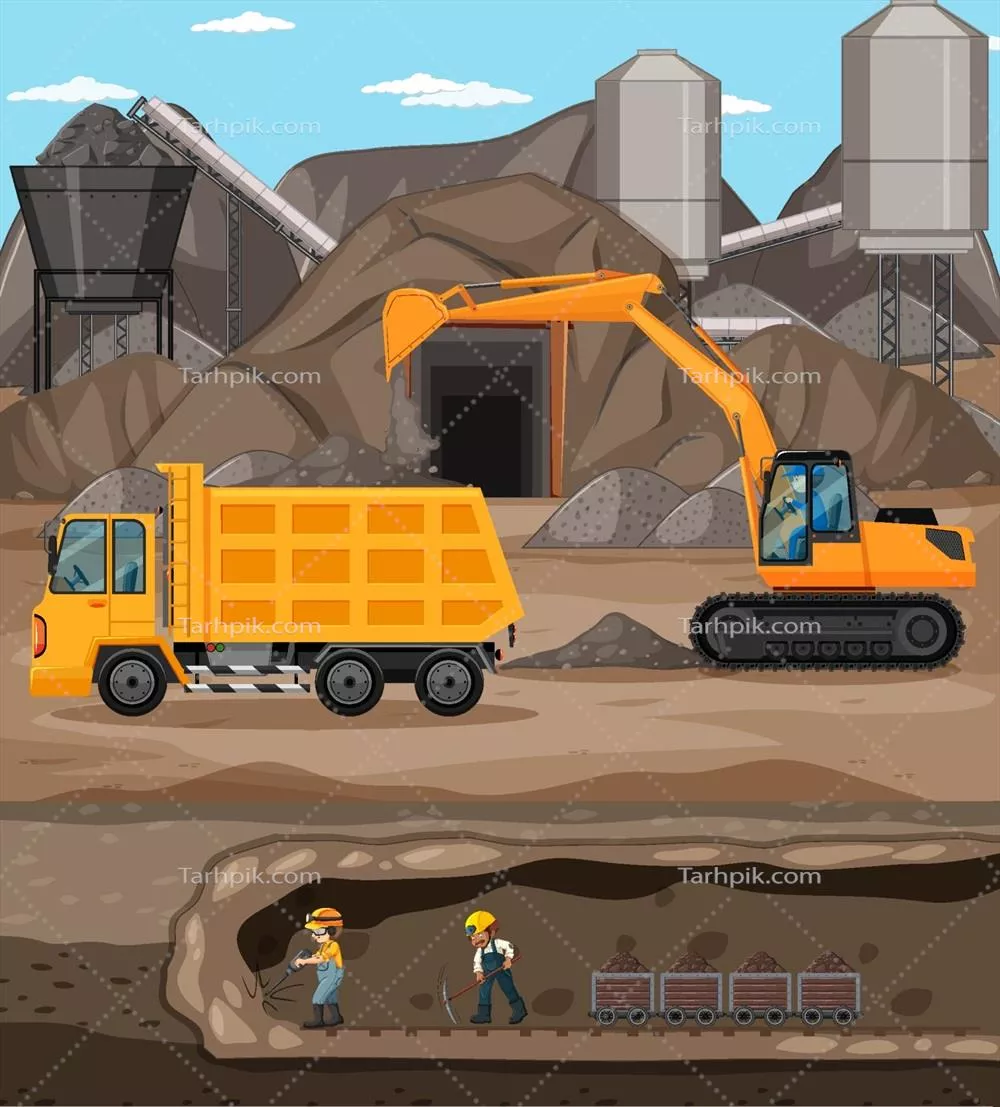 وکتور منظرهای از استخراج زغالسنگ با جرثقیل و کامیونها در محیط طبیعی