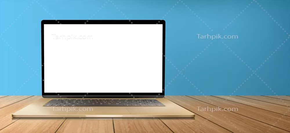 لپ تاپ با صفحه نمایش سفید بر روی میز چوبی - طراحی وکتوری
