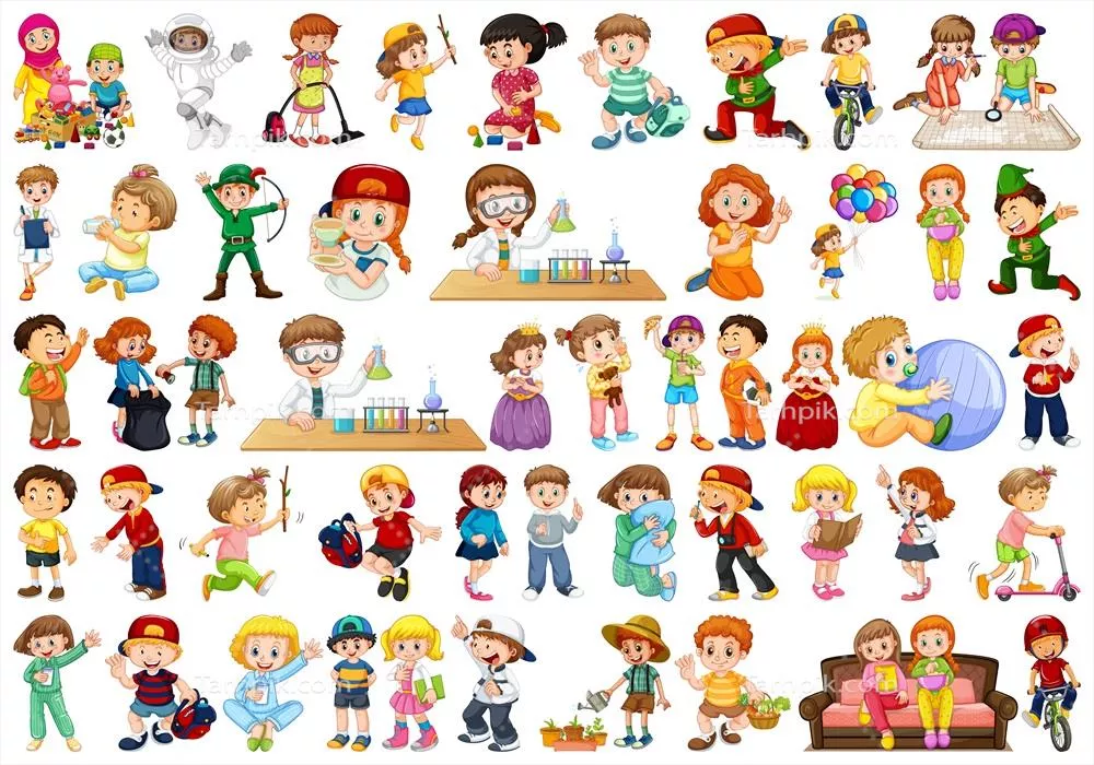 وکتور گروه بزرگی از کودکان فعال و در حال تحصیل در مدرسه