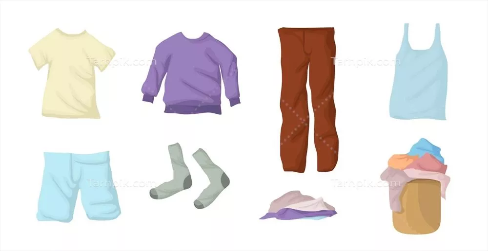 وکتور مجموعه لباس شامل تیشرت، سویشرت، شلوار جین، و جوراب در سبد بافتنی