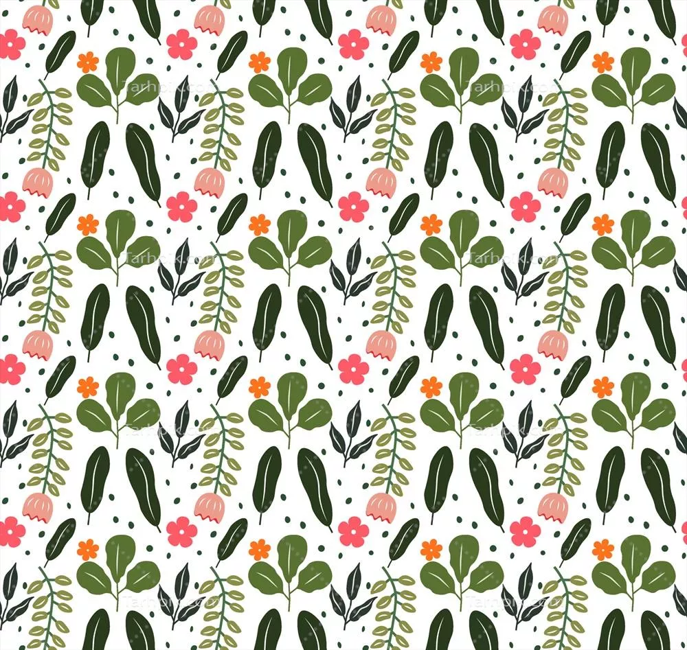 وکتور الگوی بدون درز طراحی شده با برگ و گل به شیوه مسطح و شیک