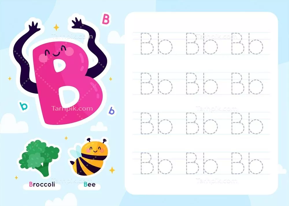 وکتور الگوهای کاربرگ حروف الفبا: الگو مخصوص حرف ب برای آموزش و تمرین