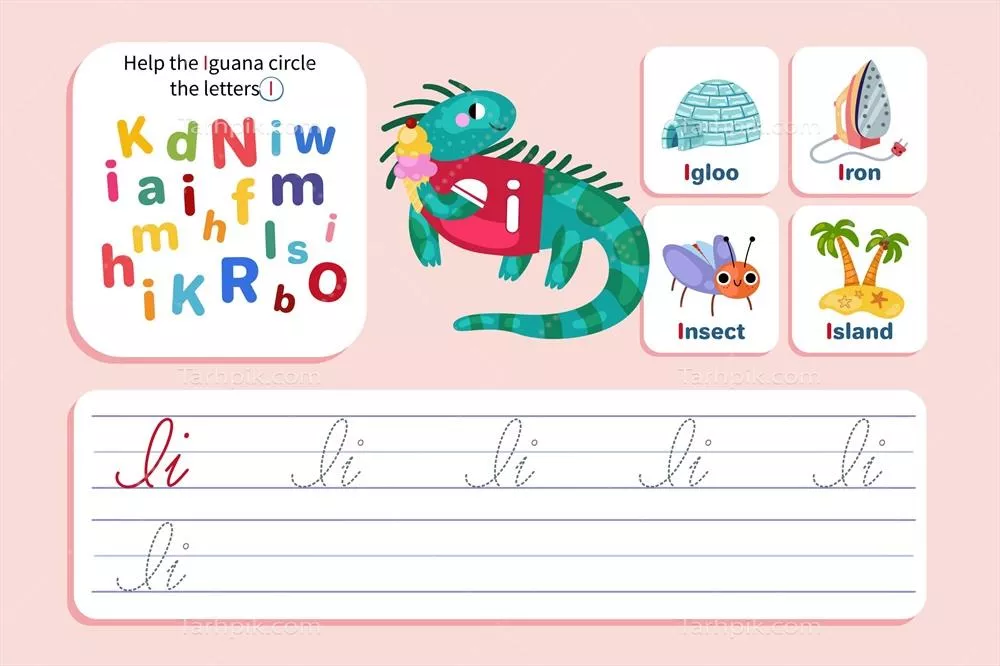 برگه تمرینی حرف 'ای' با تصویر ایگوانا به صورت وکتور