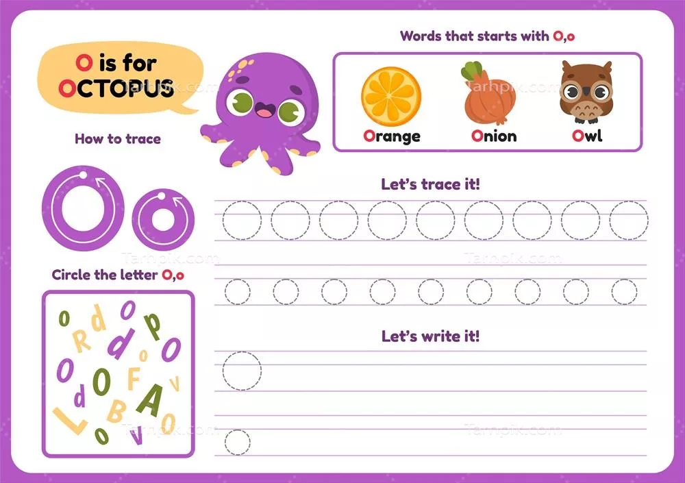 وکتور کاربرگ حرف 'O' با تصویر هشتپا – یادگیری جالب حروف الفبا