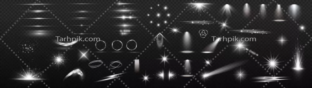 وکتور مجموعه جلوه های نوری و درخشش بر روی پس زمینه سفید با اثر لنز