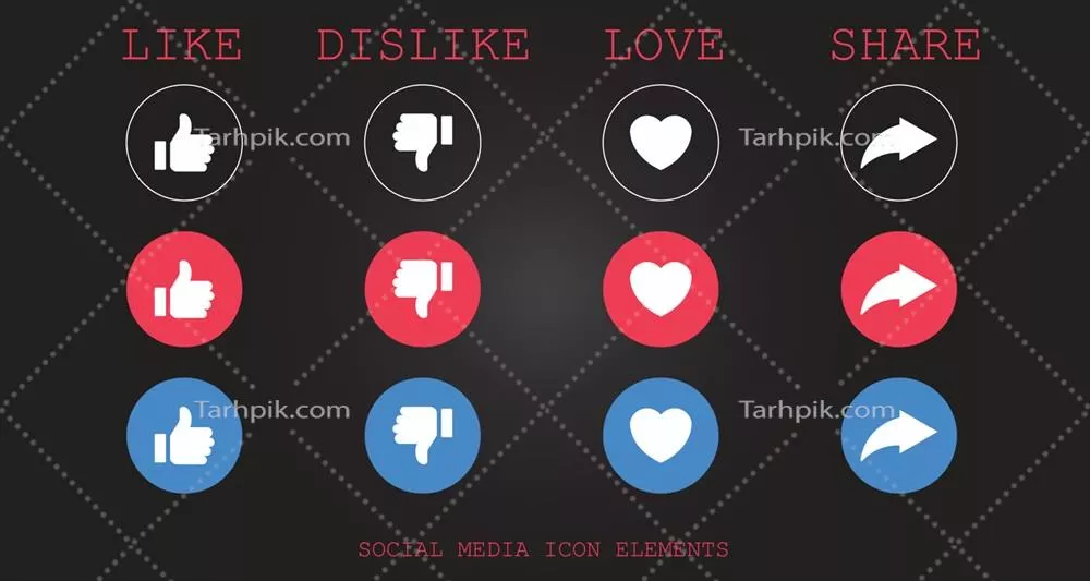 وکتور نمادهای اجتماعی رسانه: لایک، دیسلایک، عشق و اشتراک گذاری