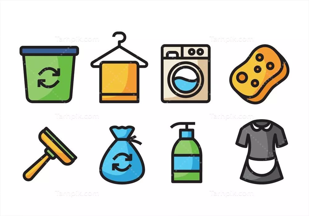 وکتور آیکونهای رنگی خطی عناصر تمیزکاری - مجموعهای از اشیاء مربوط به نظافت